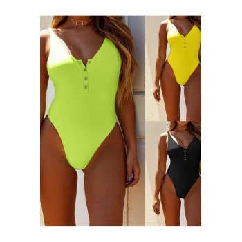 Yellow Snap Button Front Sunbathing Swimsuit Neon Green Black